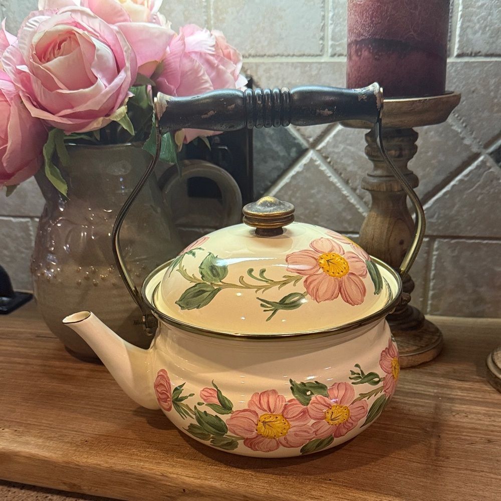 Franciscan Pink Floral Enamel Teapot with Wooden Handle